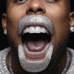 Detailed zoomed-in view of a rapper's open mouth, showcasing custom-made grills in the shape of '$$$', iced out and sparkling under light.