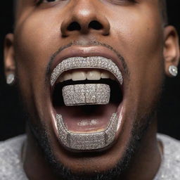 Detailed zoomed-in view of a rapper's open mouth, showcasing custom-made grills in the shape of '$$$', iced out and sparkling under light.