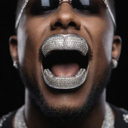 Detailed zoomed-in view of a rapper's open mouth, showcasing custom-made grills in the shape of '$$$', iced out and sparkling under light.