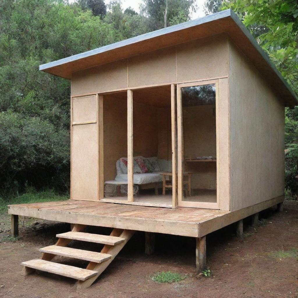 Tiny, simplistic house made from low cost materials, reminiscent of what could be purchased for a mere $100.