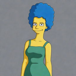 An artistic, full-body illustration of Marge Simpson from 'The Simpsons' with her iconic blue hair and green dress.