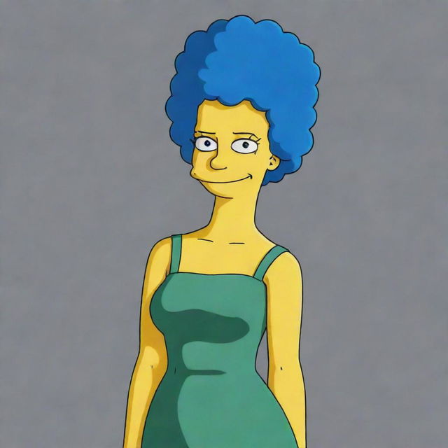 An artistic, full-body illustration of Marge Simpson from 'The Simpsons' with her iconic blue hair and green dress.