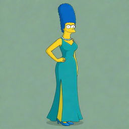 An artistic, full-body illustration of Marge Simpson from 'The Simpsons' with her iconic blue hair and green dress.