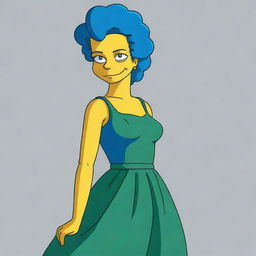 An artistic, full-body illustration of Marge Simpson from 'The Simpsons' with her iconic blue hair and green dress.