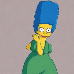 An artistic, full-body illustration of Marge Simpson from 'The Simpsons' with her iconic blue hair and green dress.