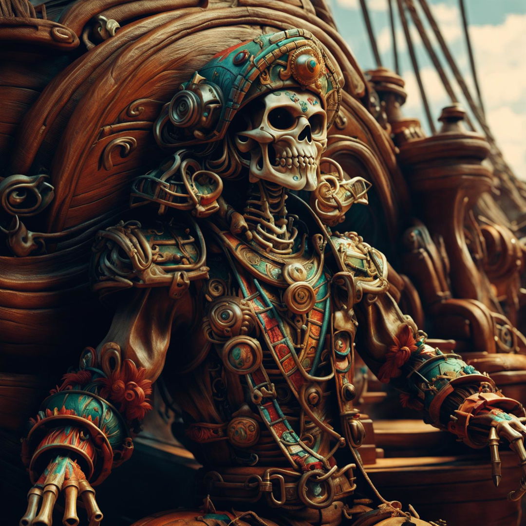 A bewitching phantom pirate on a ship, infused with Mexican Day of the Dead elements. Capturing frantic swashbuckling energy and intricate details that echo both insanity and artistry, reminiscent of the stylistic nuances in 'Pirates of the Caribbean'.