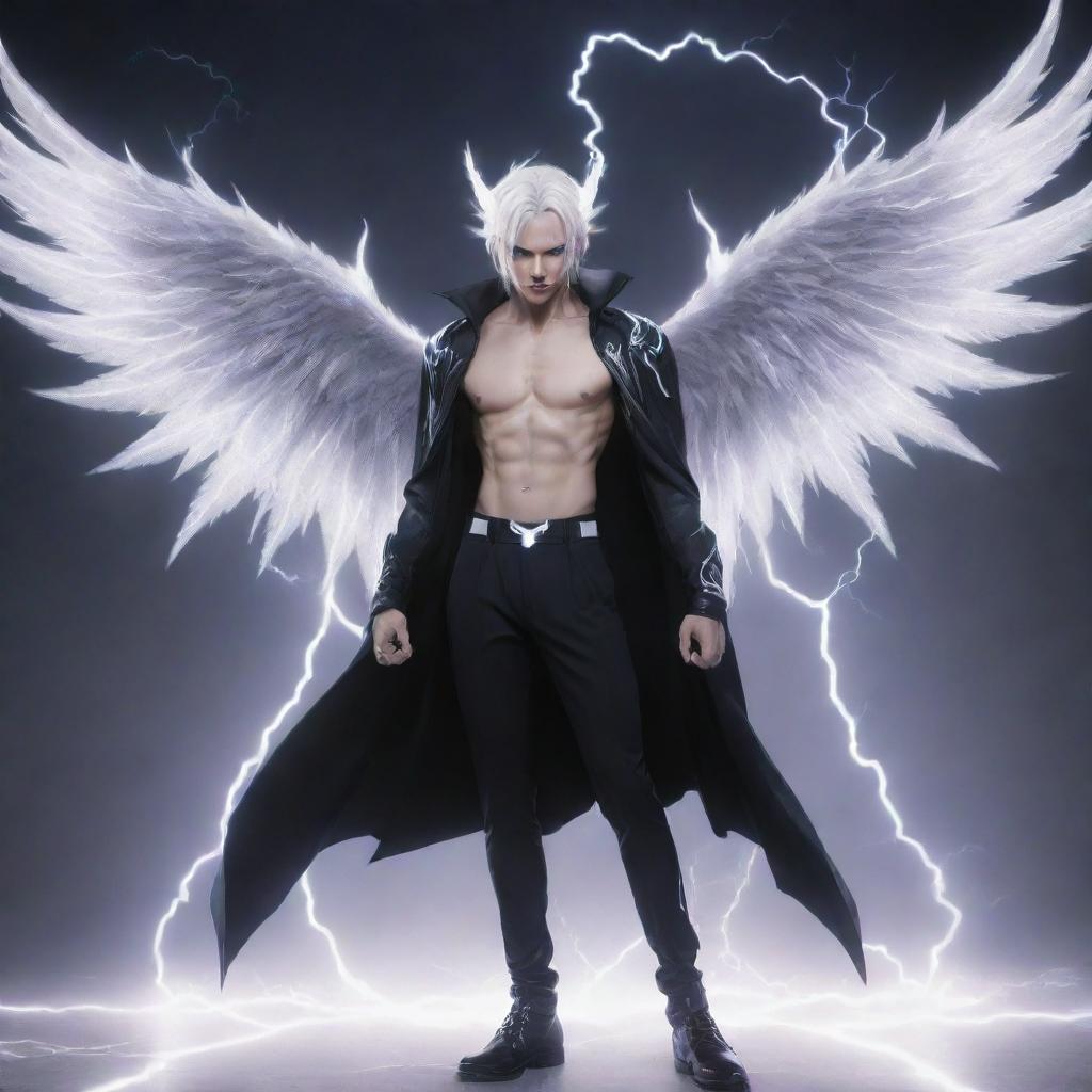 Anime-style handsome male with thunder devil powers, transformed into his first lightning demon form. He has white skin, medium-length white hair, sleek long black horns, a black devil tail, black angel wings surrounded by white thunder aura, wearing training pants.