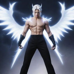 Anime-style handsome male with thunder devil powers, transformed into his first lightning demon form. He has white skin, medium-length white hair, sleek long black horns, a black devil tail, black angel wings surrounded by white thunder aura, wearing training pants.