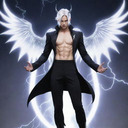 Anime-style handsome male with thunder devil powers, transformed into his first lightning demon form. He has white skin, medium-length white hair, sleek long black horns, a black devil tail, black angel wings surrounded by white thunder aura, wearing training pants.