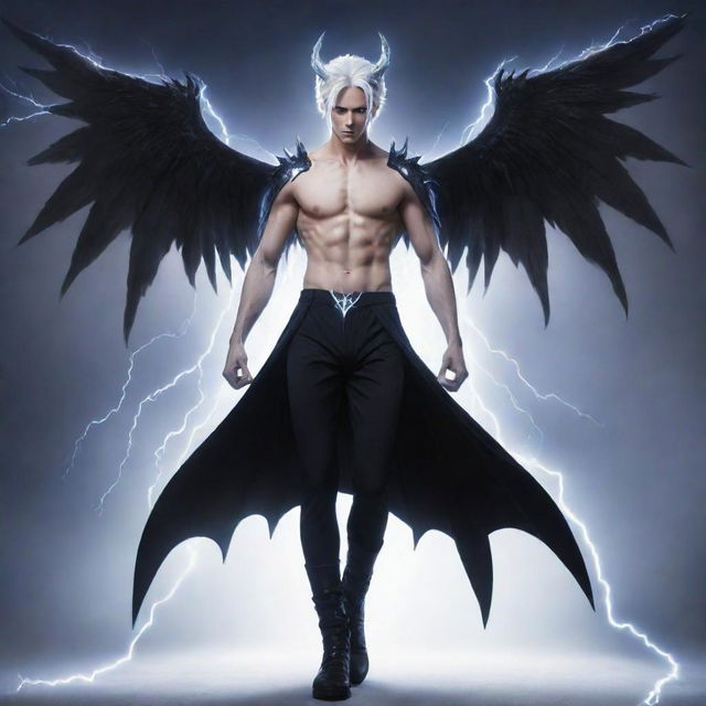 Anime-style handsome male with thunder devil powers, transformed into his first lightning demon form. He has white skin, medium-length white hair, sleek long black horns, a black devil tail, black angel wings surrounded by white thunder aura, wearing training pants.