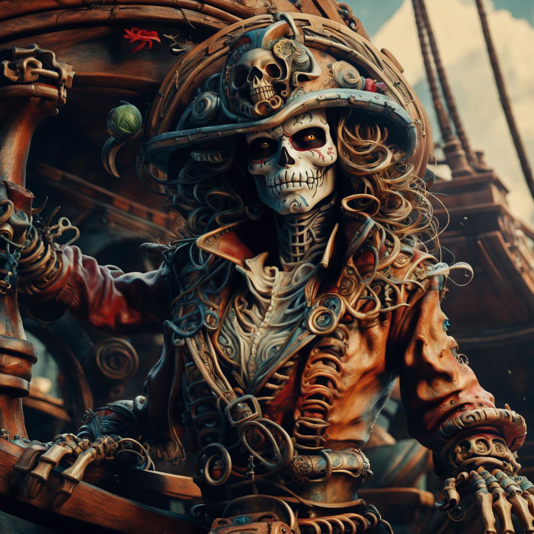 A bewitching phantom pirate on a ship, infused with Mexican Day of the Dead elements. Capturing frantic swashbuckling energy and intricate details that echo both insanity and artistry, reminiscent of the stylistic nuances in 'Pirates of the Caribbean'.