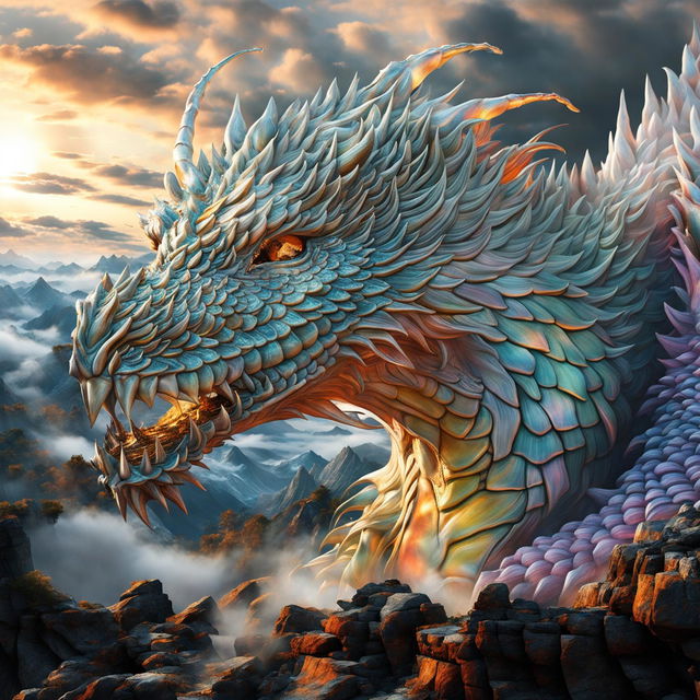 A gigantic, majestic, and intimidating dragon with spectacular ethereal scales that mirror pale glass. This hyper-realistic creature breathes fire over a mountain range during sunrise, its detailed and patterned scales glistening iridescently during flight.