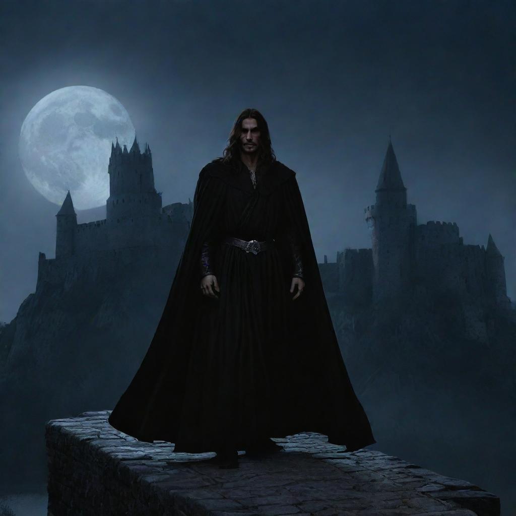 Vlad III draped in a dark shadowy cloak, stepping out from a towering fortress against the backdrop of dusk. The moonlight guides his path, as he overlooks the bleak wilderness beyond the castle's fortifications.