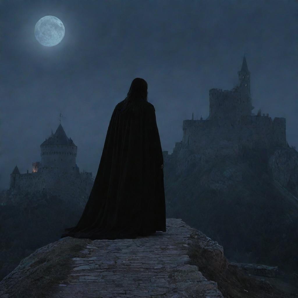 Vlad III draped in a dark shadowy cloak, stepping out from a towering fortress against the backdrop of dusk. The moonlight guides his path, as he overlooks the bleak wilderness beyond the castle's fortifications.