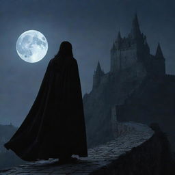 Vlad III draped in a dark shadowy cloak, stepping out from a towering fortress against the backdrop of dusk. The moonlight guides his path, as he overlooks the bleak wilderness beyond the castle's fortifications.