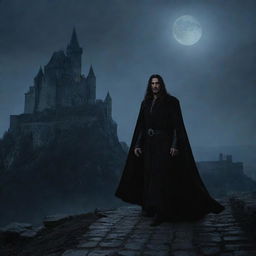 Vlad III draped in a dark shadowy cloak, stepping out from a towering fortress against the backdrop of dusk. The moonlight guides his path, as he overlooks the bleak wilderness beyond the castle's fortifications.