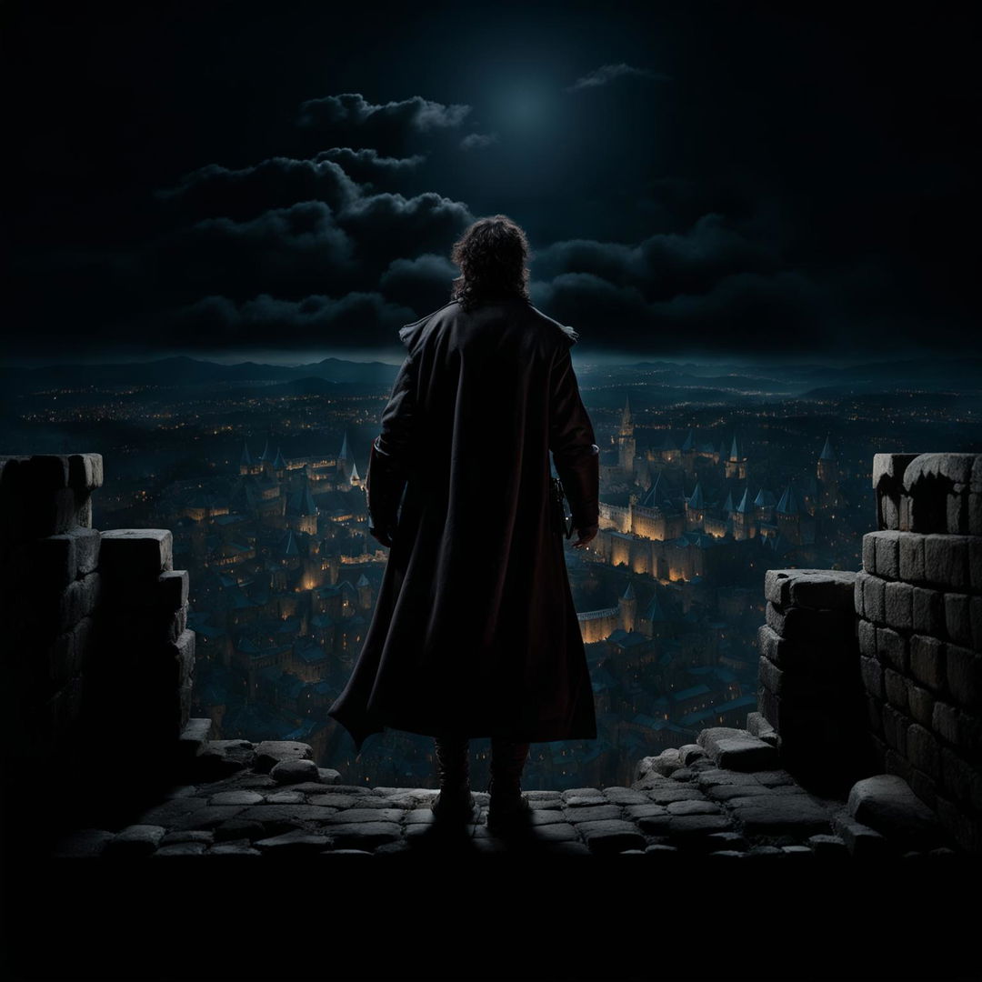 Vlad III dressed in a dark cloak, stepping out from his impressive fortress under the lit moon, gazing out at the expanse of desolation beyond the castle walls in a 9:16 aspect ratio.