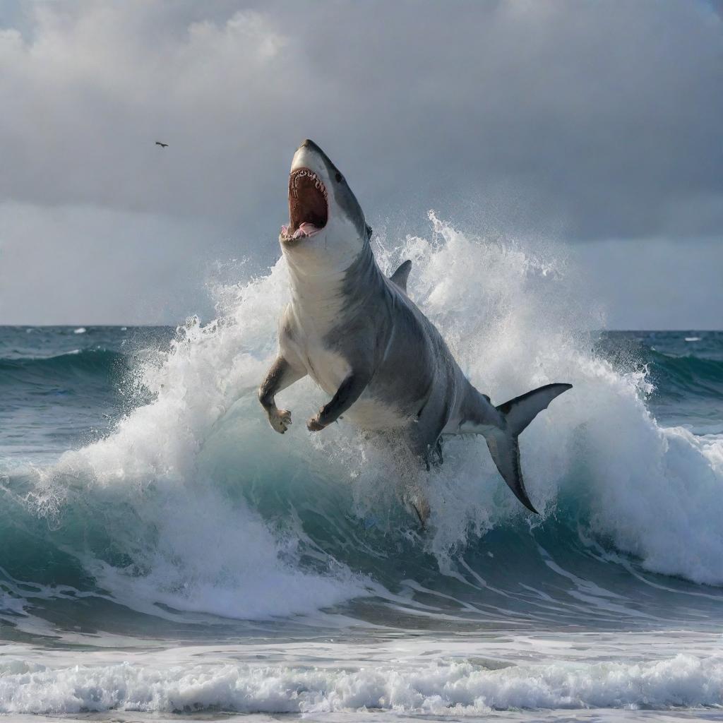 A feral oceanic scene showcasing a shark leaping out of frothy ocean waves, snapping its jaws around an ethereal figure of a horse.