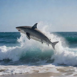 A feral oceanic scene showcasing a shark leaping out of frothy ocean waves, snapping its jaws around an ethereal figure of a horse.