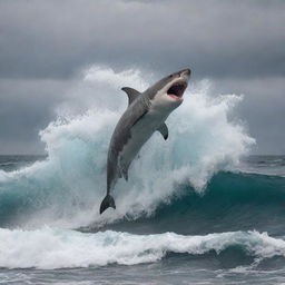 A feral oceanic scene showcasing a shark leaping out of frothy ocean waves, snapping its jaws around an ethereal figure of a horse.