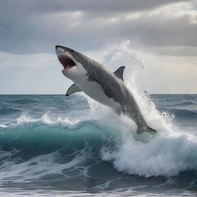 A feral oceanic scene showcasing a shark leaping out of frothy ocean waves, snapping its jaws around an ethereal figure of a horse.