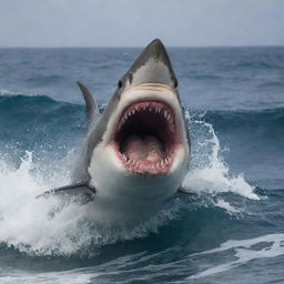 The same feral oceanic scene as before, now showcasing the shark with intense, angry eyes and visibly agitated, with waves crashing more fervently around it.