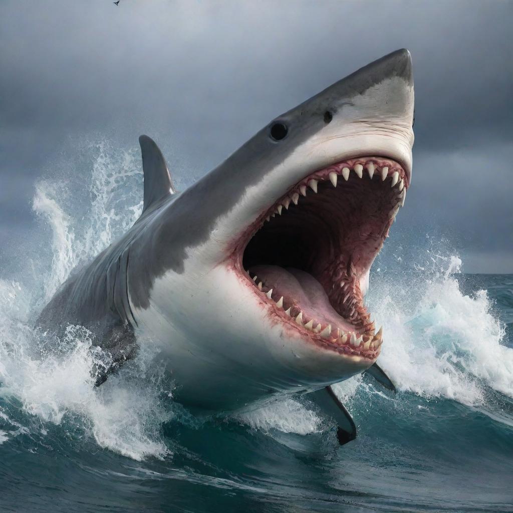 Transform the oceanic scene into a chaotic spectacle of fury. The shark, now a creature of pure wrath, its eyes ablaze, its mouth a gaping maw of terrifying teeth. Waves are savage, reflecting the madness of the beast.