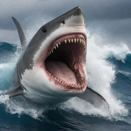 Transform the oceanic scene into a chaotic spectacle of fury. The shark, now a creature of pure wrath, its eyes ablaze, its mouth a gaping maw of terrifying teeth. Waves are savage, reflecting the madness of the beast.