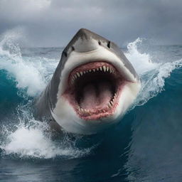 Transform the oceanic scene into a chaotic spectacle of fury. The shark, now a creature of pure wrath, its eyes ablaze, its mouth a gaping maw of terrifying teeth. Waves are savage, reflecting the madness of the beast.