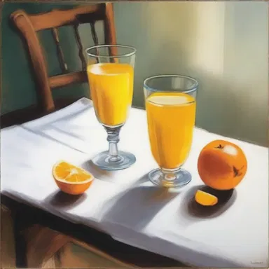 The painting depicted a peaceful scene with a glass of orange-juice concentrate on a table, symbolizing the simplicity of life.