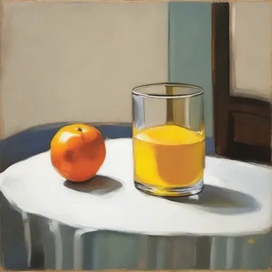 The painting depicted a peaceful scene with a glass of orange-juice concentrate on a table, symbolizing the simplicity of life.