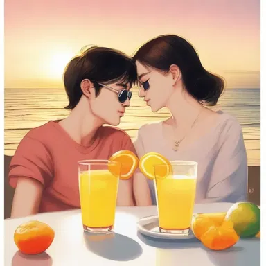 As the sun set, they sipped on chilled glasses of orange-juice concentrate, enjoying the sweet and tangy taste together, a perfect romantic moment.