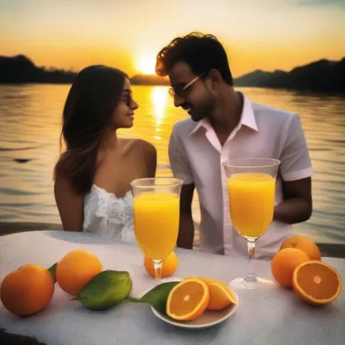 As the sun set, they sipped on chilled glasses of orange-juice concentrate, enjoying the sweet and tangy taste together, a perfect romantic moment.