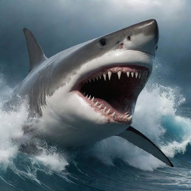 Revamp the oceanic image with the epitome of fury. The shark is now the angriest in the universe, eyes burning like the core of a star, its maw showcasing an abyss of danger against the frenzied backdrop of raging waves.