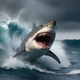 Revamp the oceanic image with the epitome of fury. The shark is now the angriest in the universe, eyes burning like the core of a star, its maw showcasing an abyss of danger against the frenzied backdrop of raging waves.