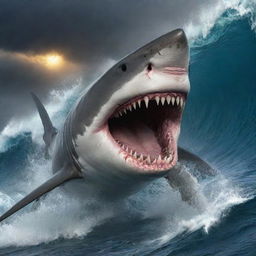 Revamp the oceanic image with the epitome of fury. The shark is now the angriest in the universe, eyes burning like the core of a star, its maw showcasing an abyss of danger against the frenzied backdrop of raging waves.