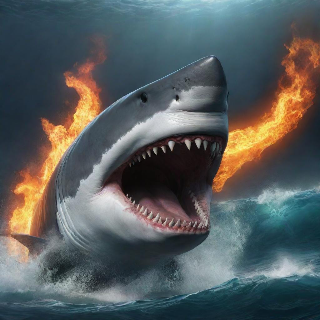 Modify the scene, substituting the shark with an enormous prehistoric Megalodon. Its colossal form is the height of fury, a terrifying scene unmatched in the universe. Its eyes seethe flames, jaws revealing a chasm of doom, waves surging violently.