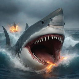 Modify the scene, substituting the shark with an enormous prehistoric Megalodon. Its colossal form is the height of fury, a terrifying scene unmatched in the universe. Its eyes seethe flames, jaws revealing a chasm of doom, waves surging violently.