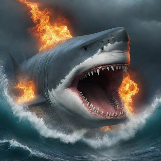 Modify the scene, substituting the shark with an enormous prehistoric Megalodon. Its colossal form is the height of fury, a terrifying scene unmatched in the universe. Its eyes seethe flames, jaws revealing a chasm of doom, waves surging violently.