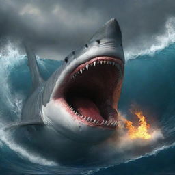 Modify the scene, substituting the shark with an enormous prehistoric Megalodon. Its colossal form is the height of fury, a terrifying scene unmatched in the universe. Its eyes seethe flames, jaws revealing a chasm of doom, waves surging violently.