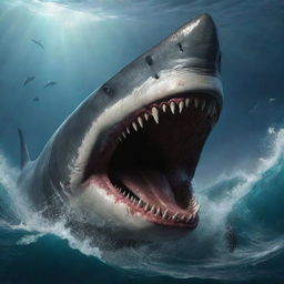 Enhance the scene to highlight the Megalodon's razor-sharp teeth, gleaming ominously within the gaping maw of the universe's angriest creature. Each tooth is a chilling testament to theprimitive beast's ferocity, emphasized further by the chaos of surging, violent waves.