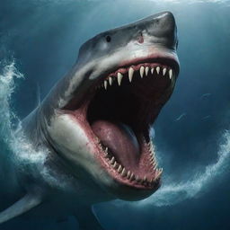 Enhance the scene to highlight the Megalodon's razor-sharp teeth, gleaming ominously within the gaping maw of the universe's angriest creature. Each tooth is a chilling testament to theprimitive beast's ferocity, emphasized further by the chaos of surging, violent waves.