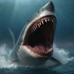 Enhance the scene to highlight the Megalodon's razor-sharp teeth, gleaming ominously within the gaping maw of the universe's angriest creature. Each tooth is a chilling testament to theprimitive beast's ferocity, emphasized further by the chaos of surging, violent waves.