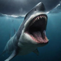 Enhance the scene to highlight the Megalodon's razor-sharp teeth, gleaming ominously within the gaping maw of the universe's angriest creature. Each tooth is a chilling testament to theprimitive beast's ferocity, emphasized further by the chaos of surging, violent waves.