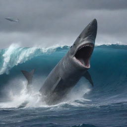 Further alter scene as the primal Megalodon turns its seething rage target to a large, apprehensive sperm whale. The ocean around them pulses with tension, their epic chase a thrilling spectacle set against a backdrop of wild, swaying waves.