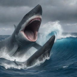 Further alter scene as the primal Megalodon turns its seething rage target to a large, apprehensive sperm whale. The ocean around them pulses with tension, their epic chase a thrilling spectacle set against a backdrop of wild, swaying waves.