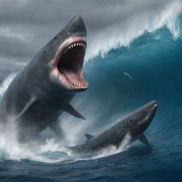 Further alter scene as the primal Megalodon turns its seething rage target to a large, apprehensive sperm whale. The ocean around them pulses with tension, their epic chase a thrilling spectacle set against a backdrop of wild, swaying waves.