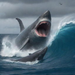 Further alter scene as the primal Megalodon turns its seething rage target to a large, apprehensive sperm whale. The ocean around them pulses with tension, their epic chase a thrilling spectacle set against a backdrop of wild, swaying waves.