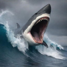 Depict the climax of the chase, the enraged Megalodon devouring the whale, each sharp tooth sinking into its catch. Waves echo the chaos with high, stormy swells, perfectly capturing the wild savagery of nature's fiercest predator.