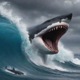 Depict the climax of the chase, the enraged Megalodon devouring the whale, each sharp tooth sinking into its catch. Waves echo the chaos with high, stormy swells, perfectly capturing the wild savagery of nature's fiercest predator.